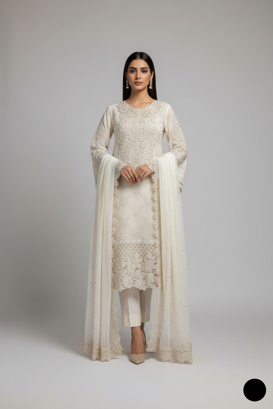 Chiffon A-Line shirt ABL 4079 WHT - Pakistani women's elegant dress with chiffon dupatta front view