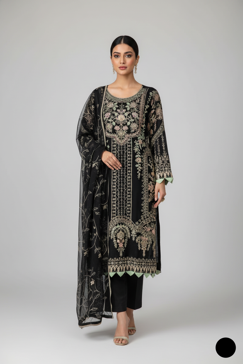 Chiffon straight shirt plazo black - Pakistani women's party wear with viscose plazo and chiffon dupatta front view
