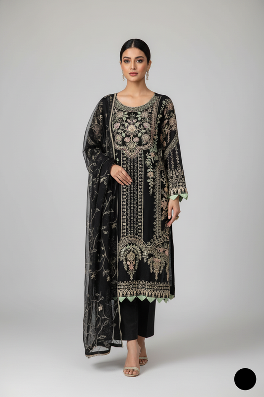 Chiffon straight shirt plazo black - Pakistani women's party wear with viscose plazo and chiffon dupatta front view