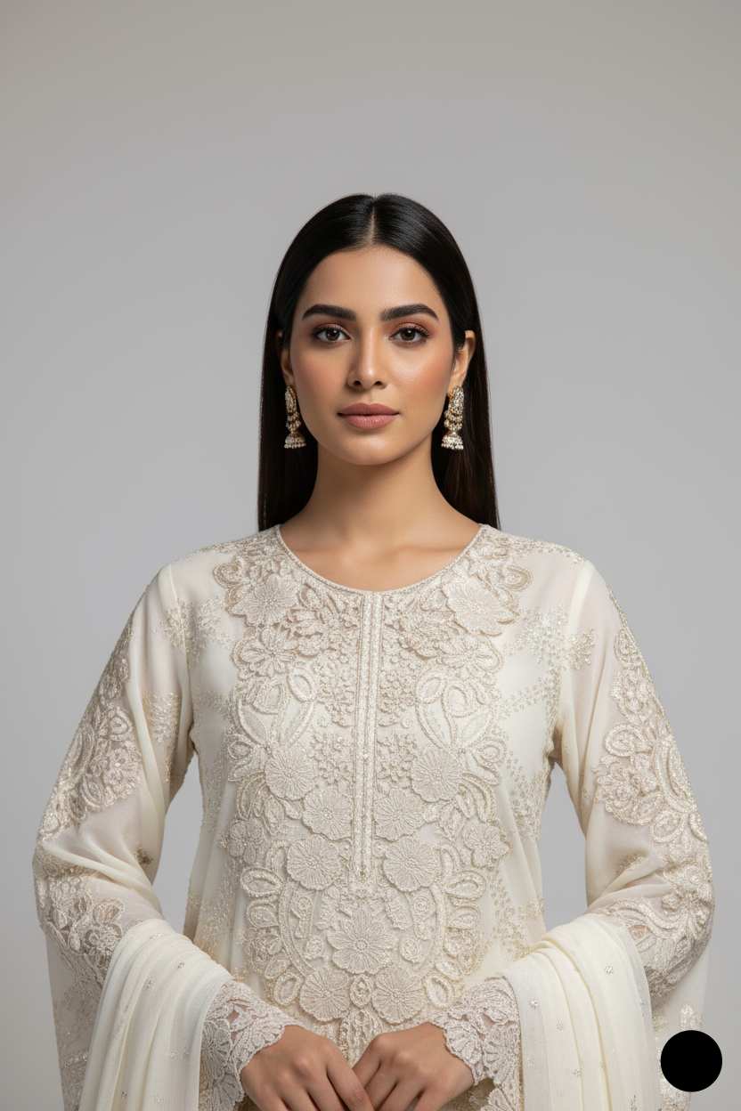 ABL 4079 WHT Chiffon women's A-Line Pakistani outfit side view