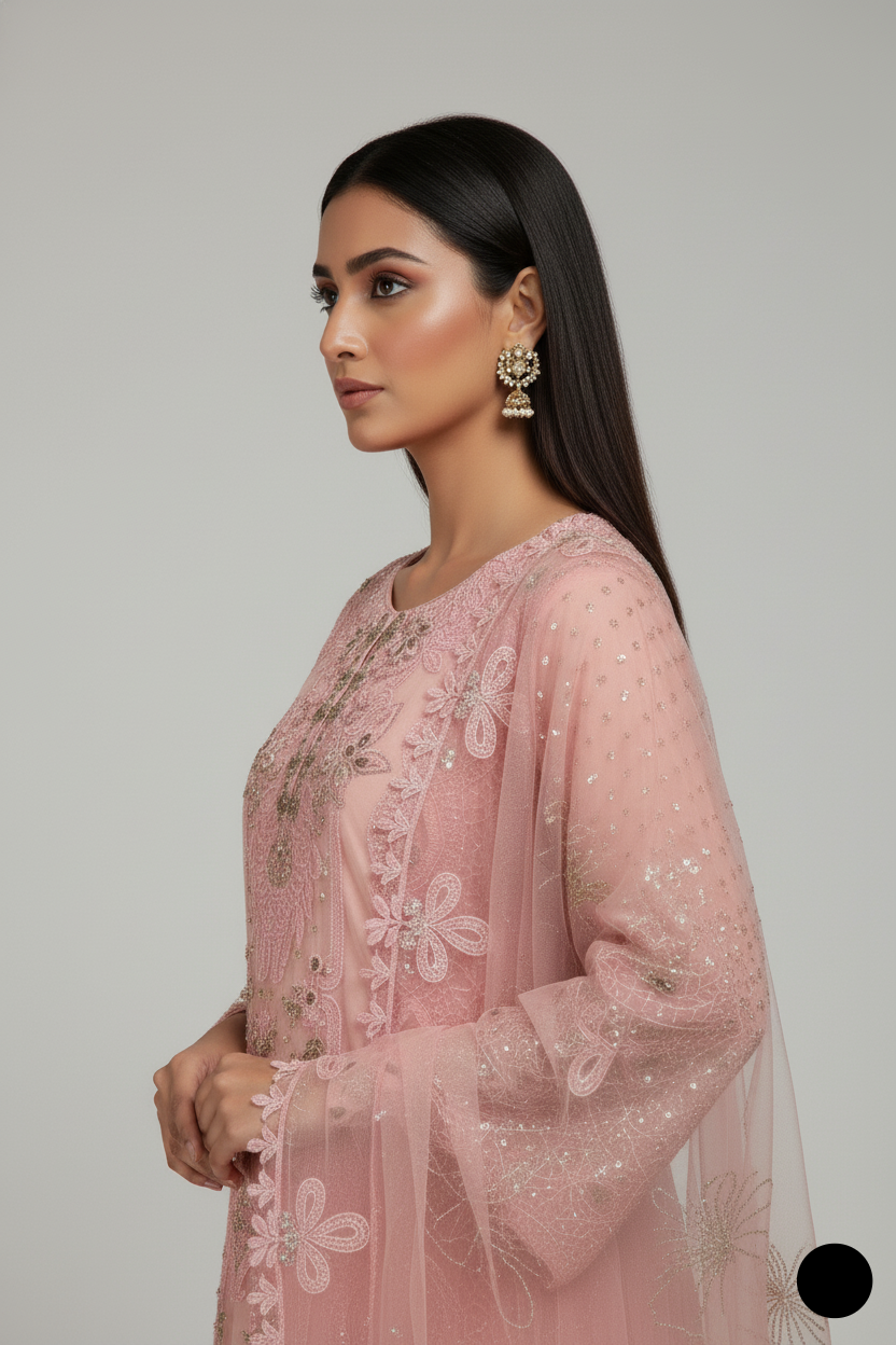 Pakistani women's pink organza straight shirt detail view