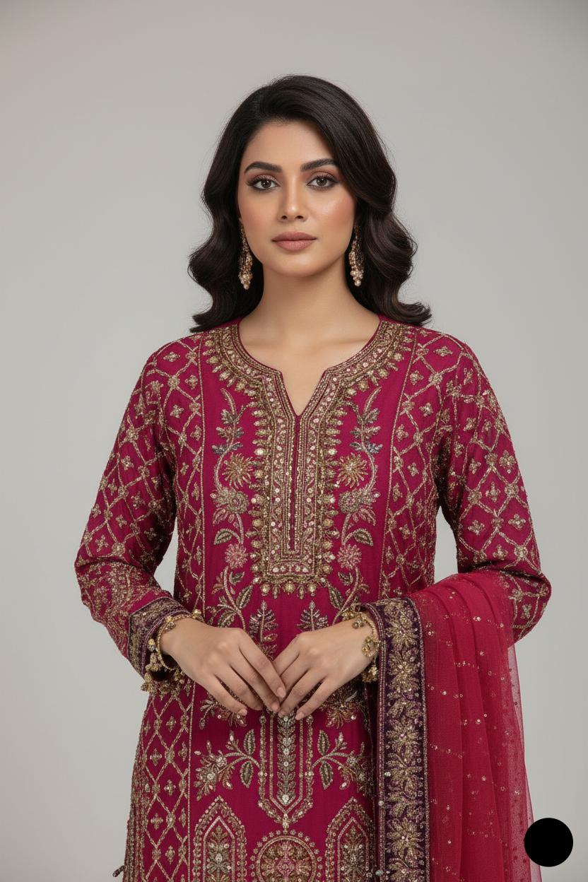 Shocking pink chiffon Pakistani women's A-Line shirt side view