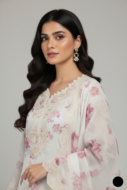 Pakistani women's pink white organza A-Line shirt full view