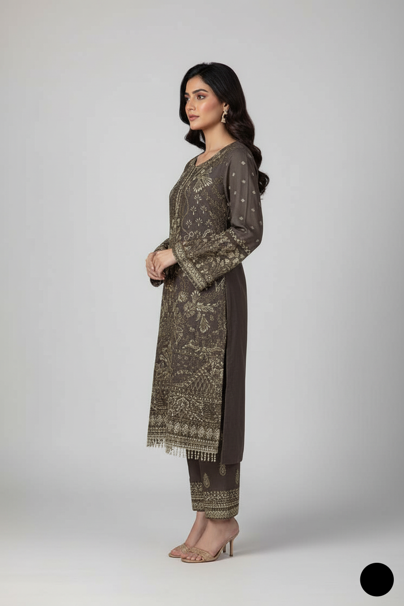 Pakistani women's mehndi green organza straight shirt detail view