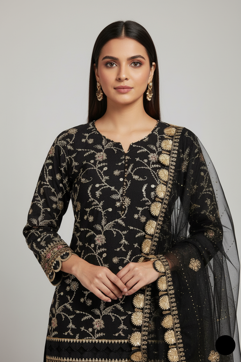 ABL 4117 BLK Chiffon Pakistani women's shirt gharara with organza dupatta side view