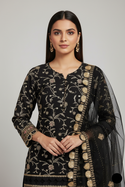 ABL 4117 BLK Chiffon Pakistani women's shirt gharara with organza dupatta side view
