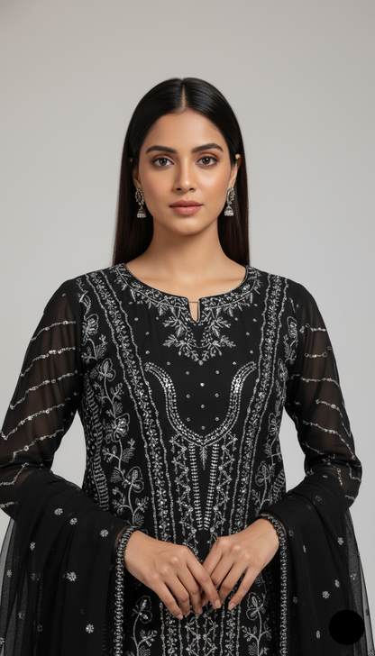 Organza straight shirt plazo black - Pakistani women's formal party wear with grip plazo and organza dupatta front view
