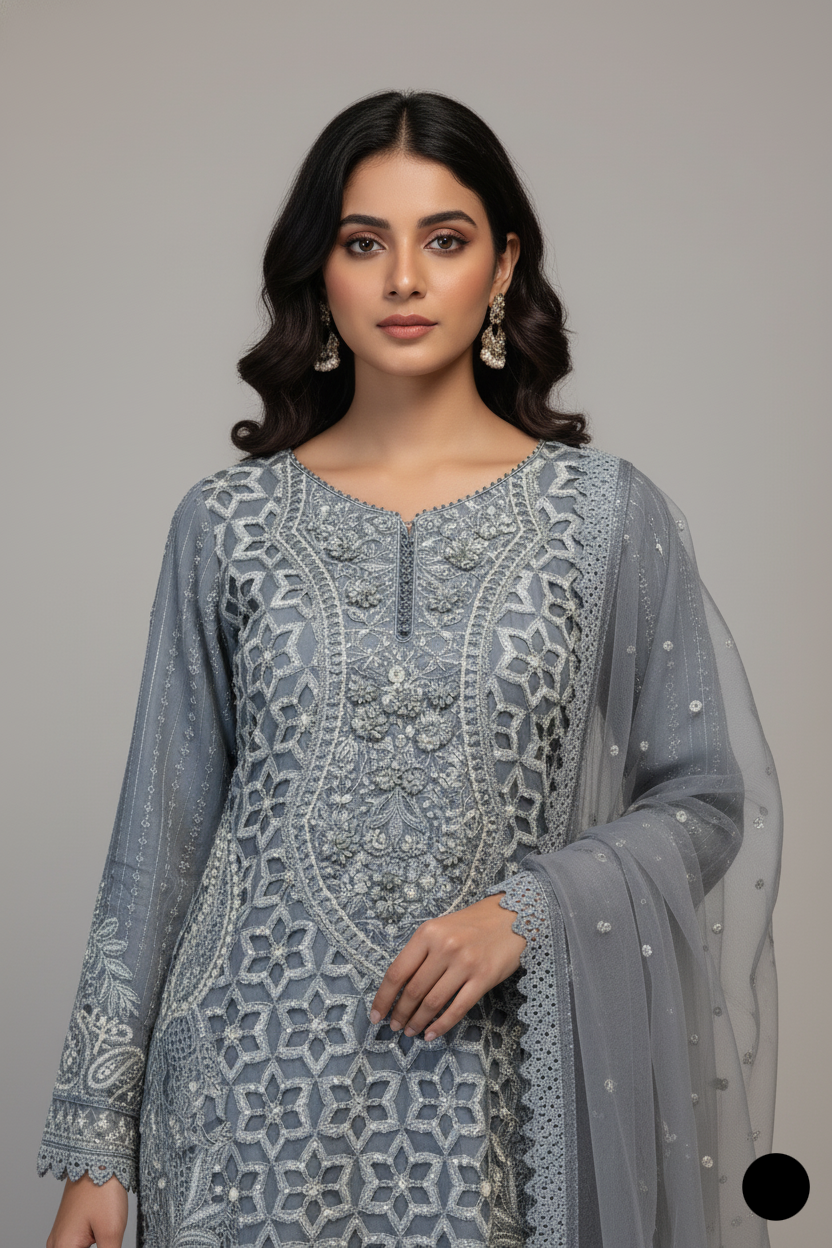 ABL 3992 Pakistani women's organza straight shirt back view