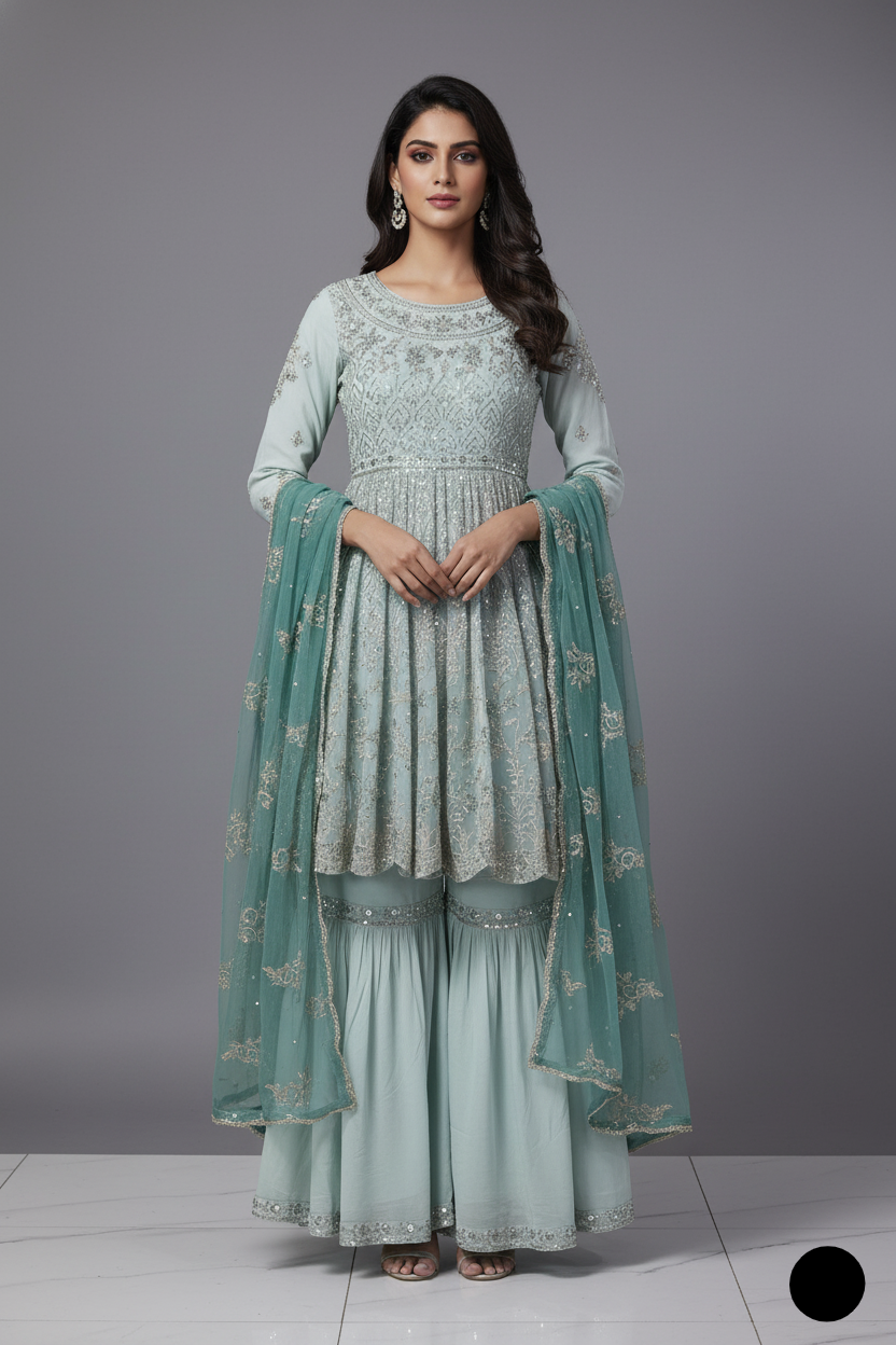 Chiffon straight shirt plazo light blue - Pakistani women's party wear with grip plazo and organza dupatta front view