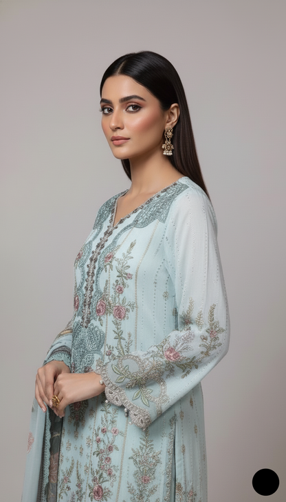 Pakistani women's icy blue chiffon A-Line shirt detail view