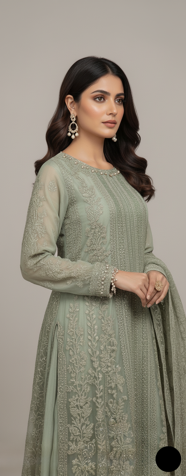 Pakistani women's pista green organza straight shirt back view