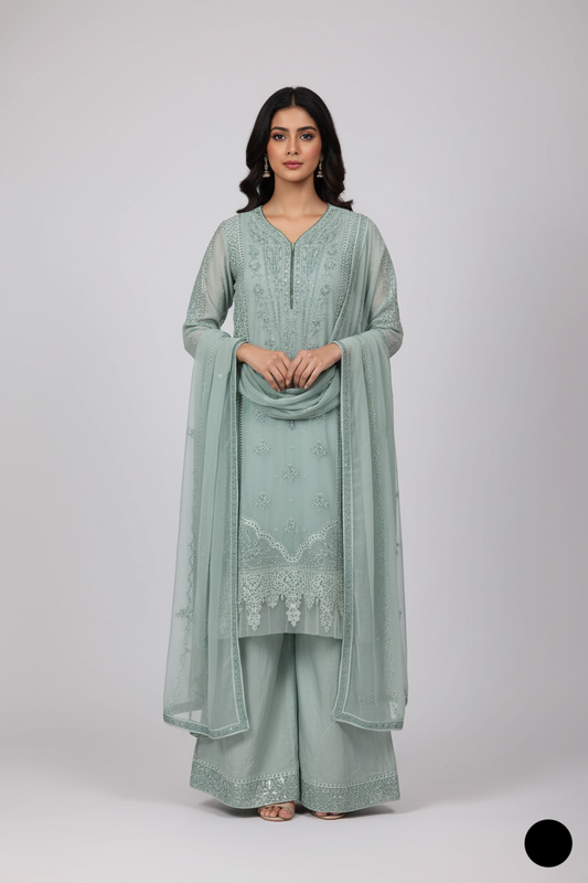 Chiffon straight shirt plazo light green - Pakistani women's party wear with viscose plazo and chiffon dupatta front view