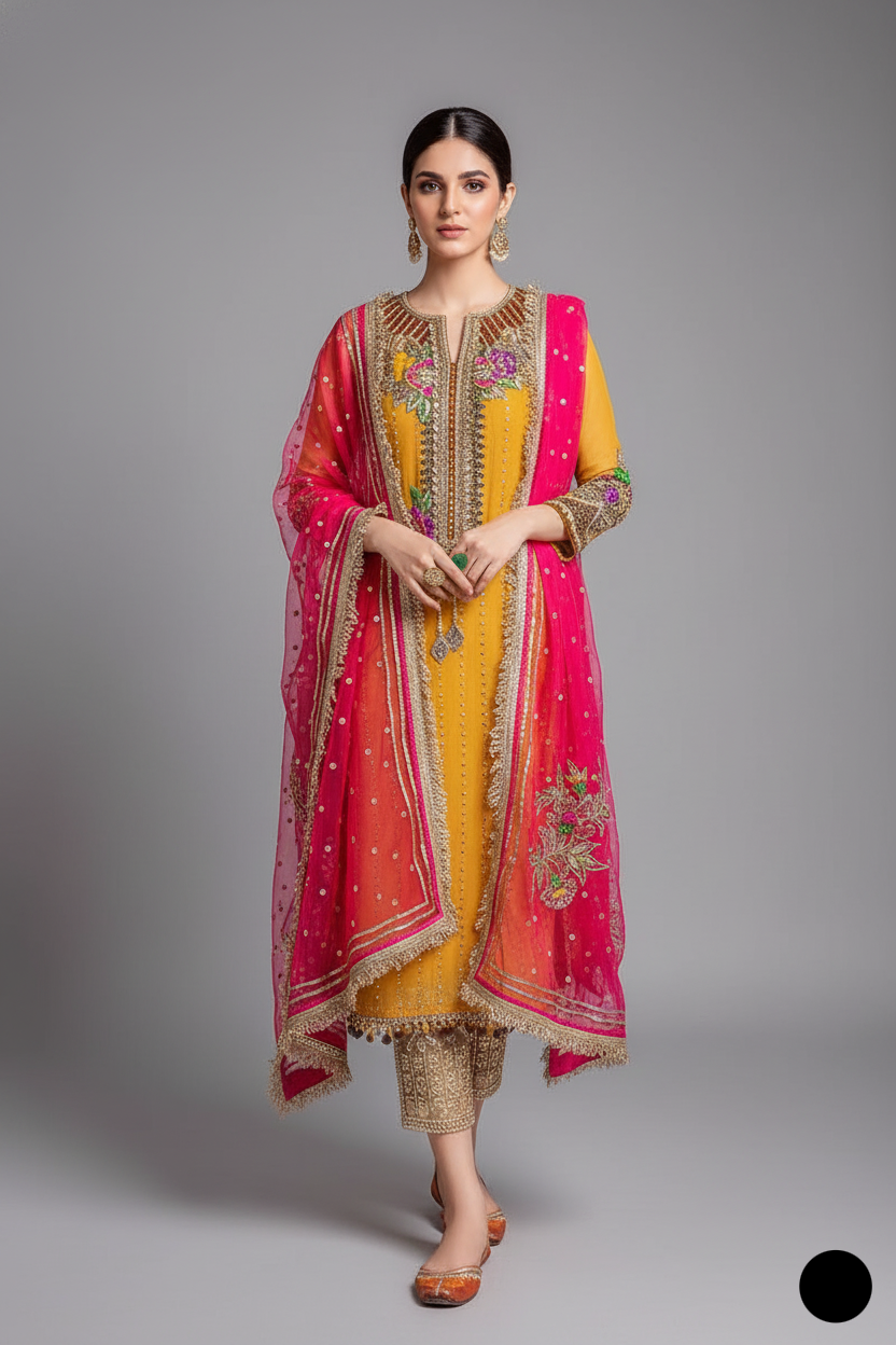 Crinkle chiffon hand embroidered shirt KB P232 - Pakistani women's luxury party wear with banarsi jamawar trouser front view