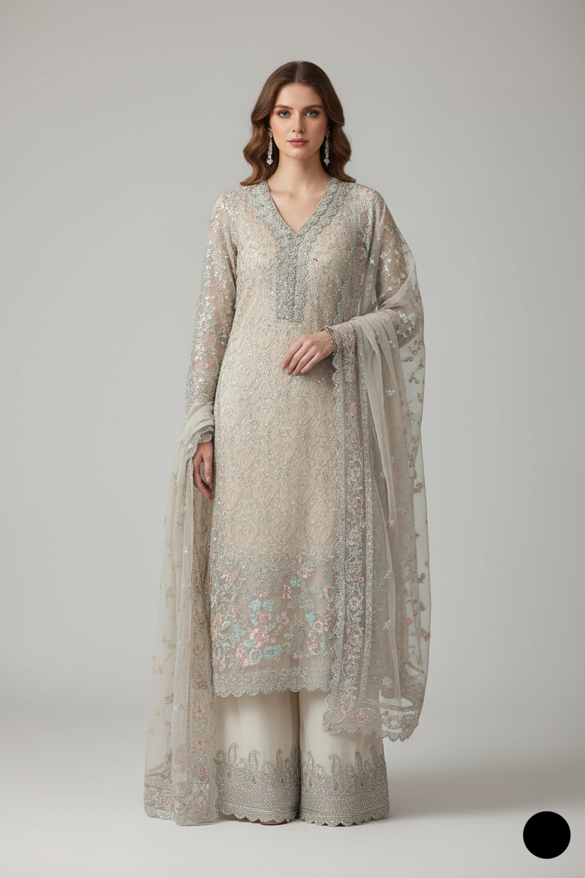 Organza open shirt skin - Pakistani women's elegant formal wear with viscose trouser and organza dupatta front view