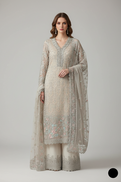 Organza open shirt skin - Pakistani women's elegant formal wear with viscose trouser and organza dupatta front view