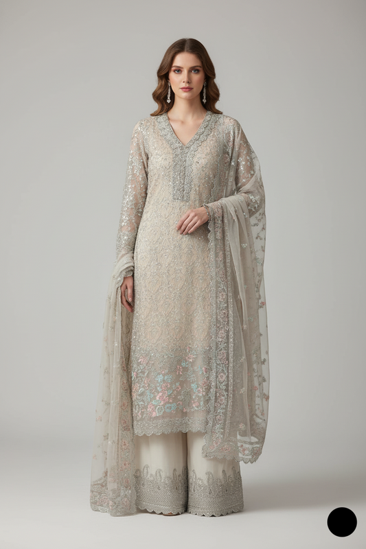 Organza open shirt skin - Pakistani women's elegant formal wear with viscose trouser and organza dupatta front view