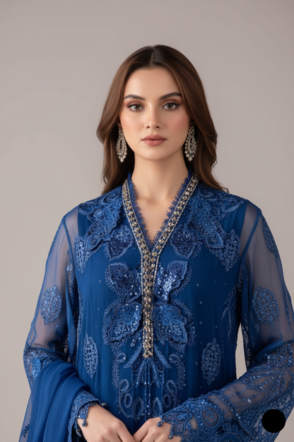 Royal blue organza Pakistani women's A-Line shirt side view