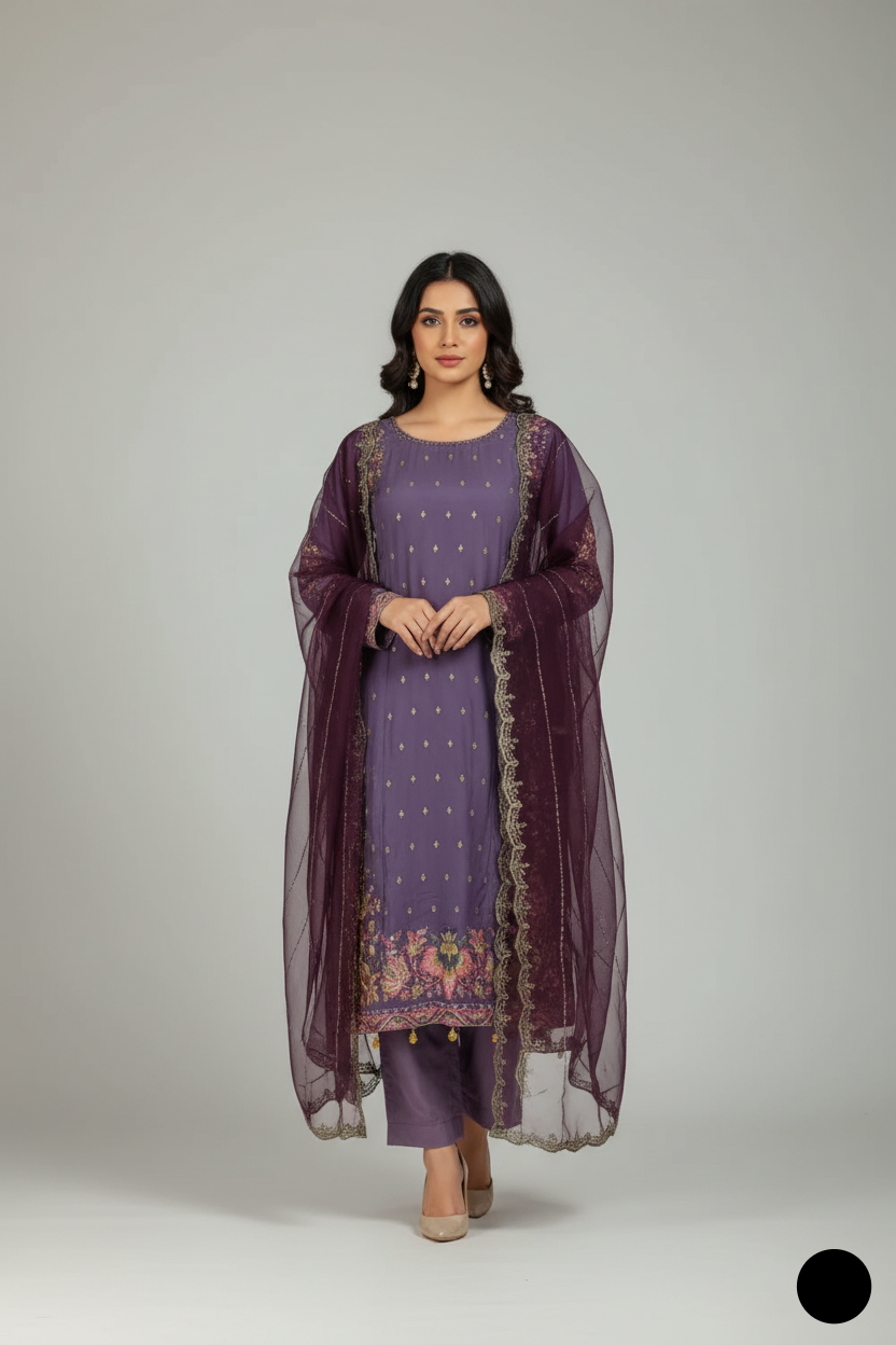 Chiffon straight shirt plazo purple - Pakistani women's party wear with viscose plazo and chiffon dupatta front view