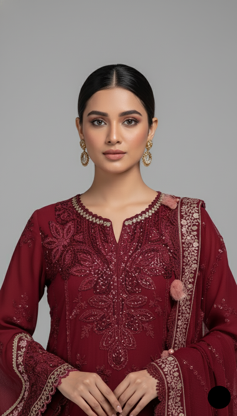 Maroon organza Pakistani women's A-Line shirt side view