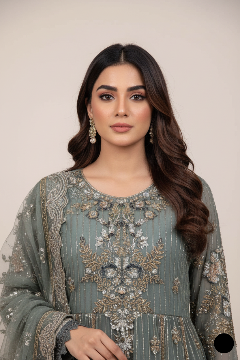 ABS 3224 Net long frock Pakistani women's dress with cotton trouser side view