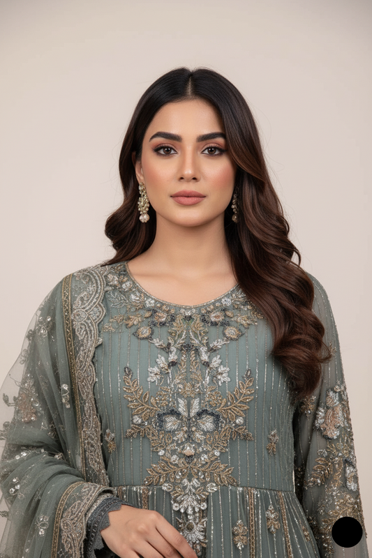ABS 3224 Net long frock Pakistani women's dress with cotton trouser side view