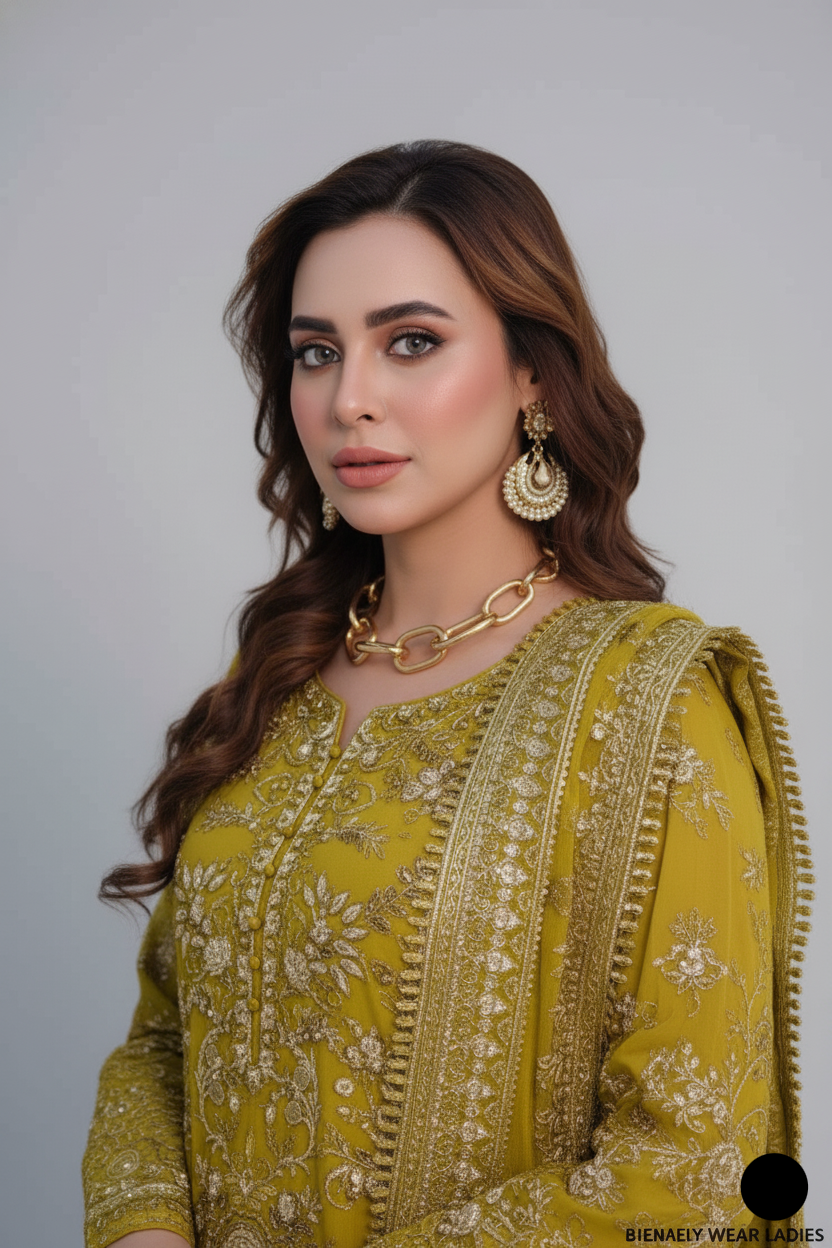 Pakistani women's mehndi green organza straight shirt detail view