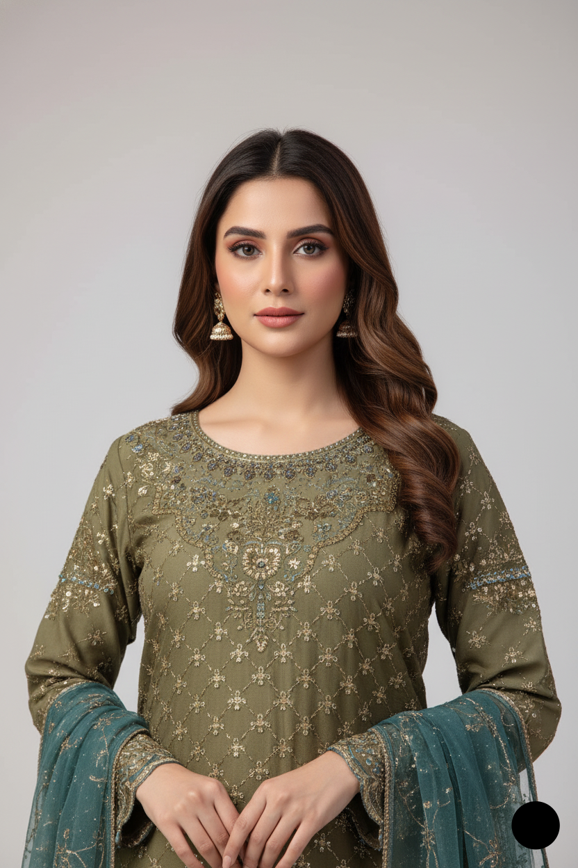 Mehndi green chiffon Pakistani women's straight shirt with plazo side view