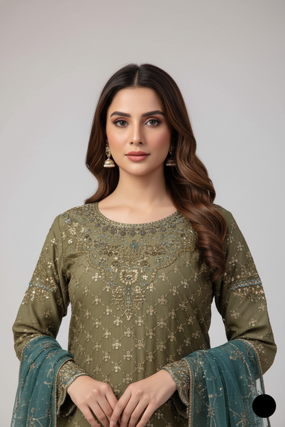 Mehndi green chiffon Pakistani women's straight shirt with plazo side view