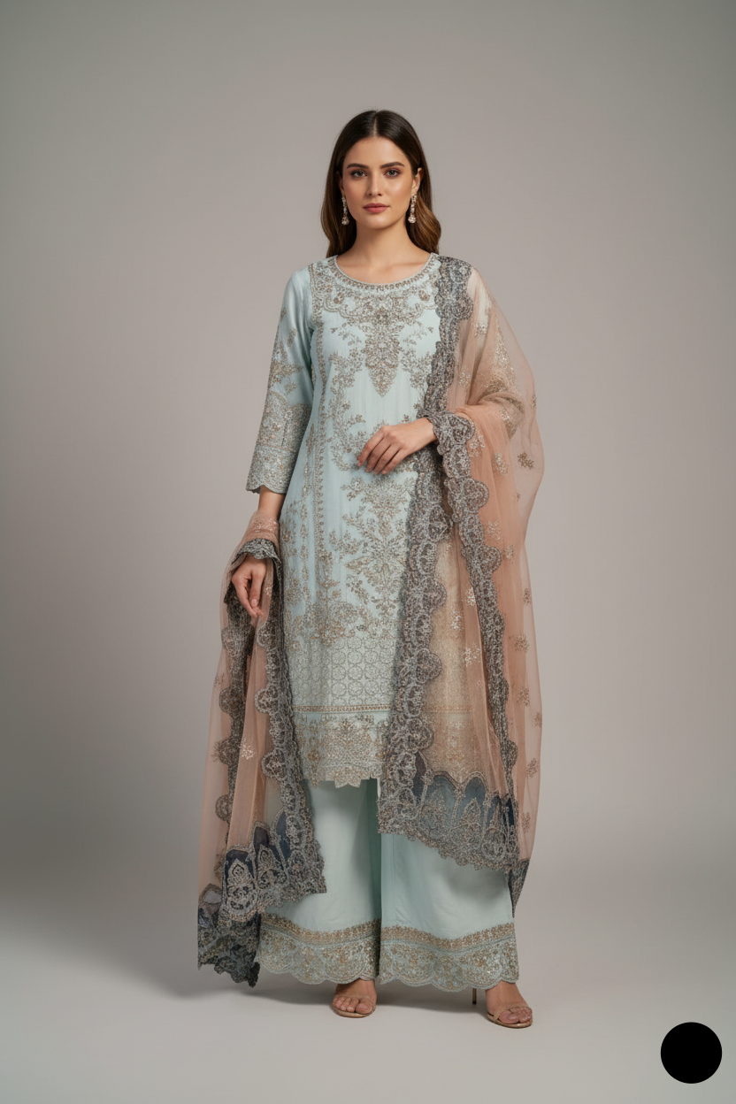 Chiffon straight shirt plazo ABS 3153 - Pakistani women's elegant party wear with grip plazo front view
