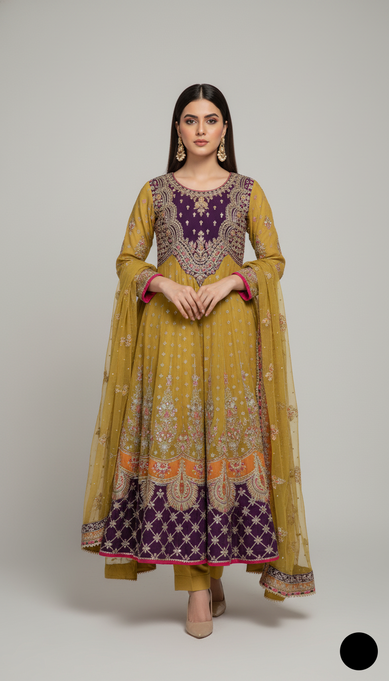 Chiffon long maxi ABS 3028 - Pakistani women's luxury formal wear with grip trouser front view