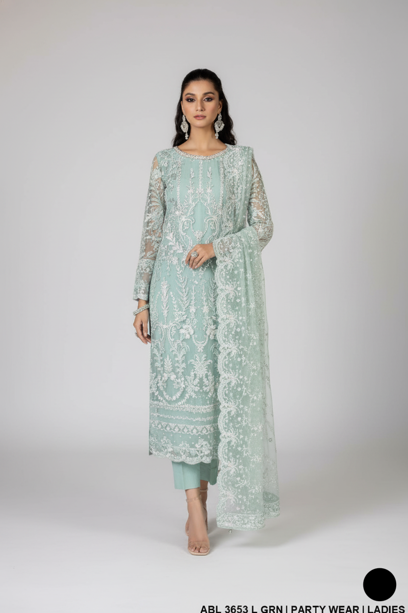 Chiffon straight shirt light green - Pakistani women's elegant formal wear with viscose trouser and chiffon dupatta front view