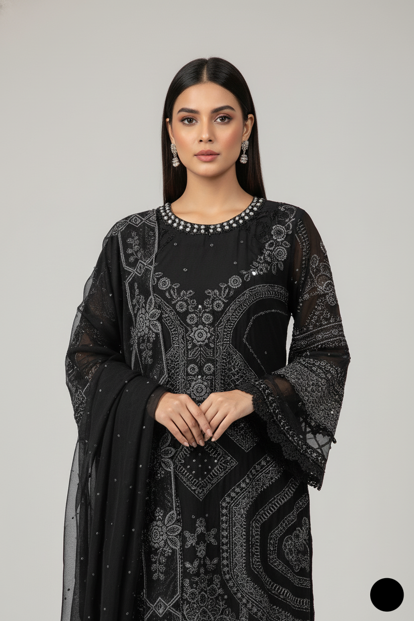 ABL 4078 Pakistani women's chiffon A-Line dress with matching dupatta detail view