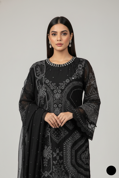 ABL 4078 Pakistani women's chiffon A-Line dress with matching dupatta detail view