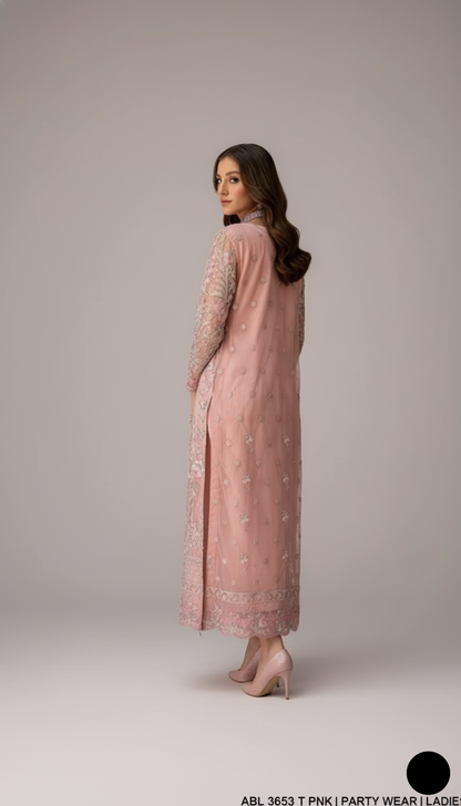 Pakistani women's tea pink chiffon straight shirt back view
