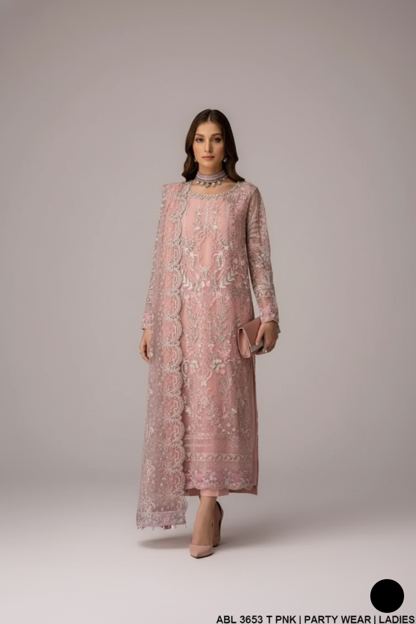Chiffon straight shirt tea pink - Pakistani women's elegant formal wear with viscose trouser and chiffon dupatta front view
