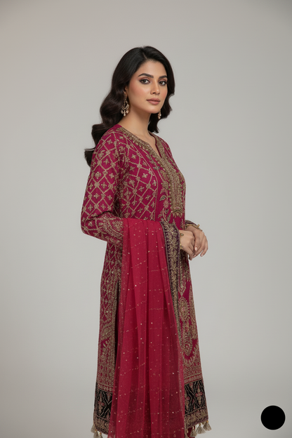 Pakistani women's shocking pink chiffon A-Line shirt detail view
