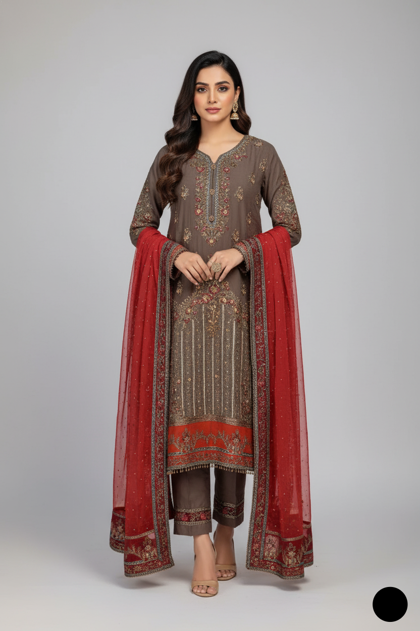 Chiffon straight shirt ABS 3143 - Pakistani women's casual semi-formal outfit with grip trouser front view