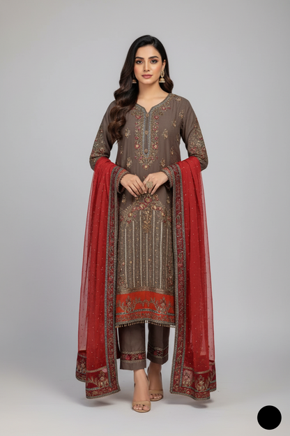 Chiffon straight shirt ABS 3143 - Pakistani women's casual semi-formal outfit with grip trouser front view