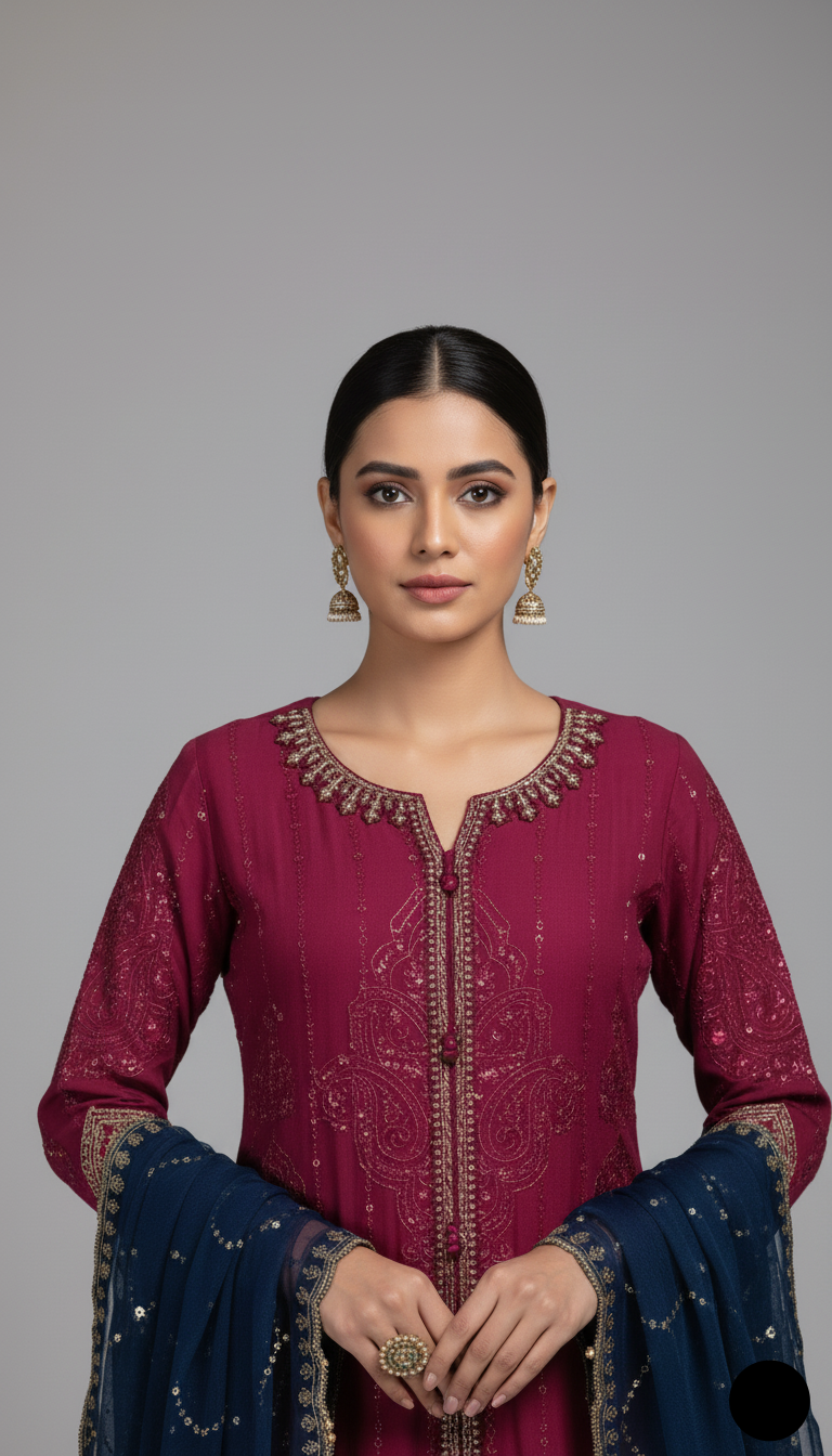 Pakistani women's magenta organza A-Line shirt back view