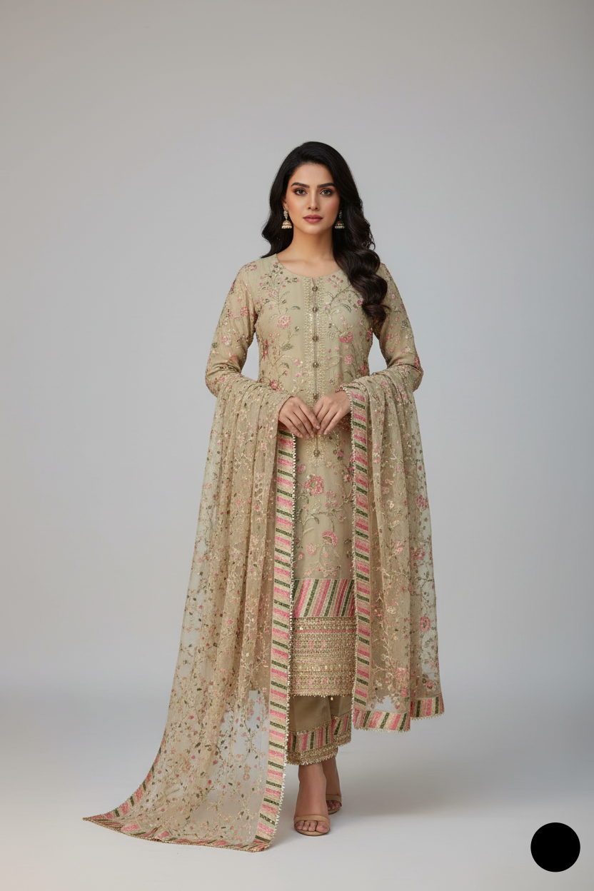 Chiffon straight shirt ABS 3037 - Pakistani women's elegant party wear with grip trouser front view