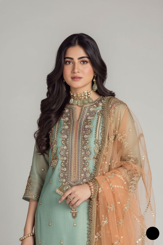 KB P237 trouser pure resham Pakistani women's hand embroidered outfit side view