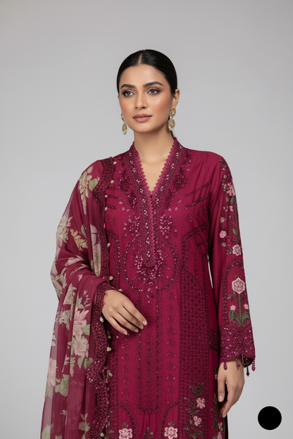 Organza A-Line shirt maroon - Pakistani women's elegant formal wear with viscose trouser and organza dupatta front view