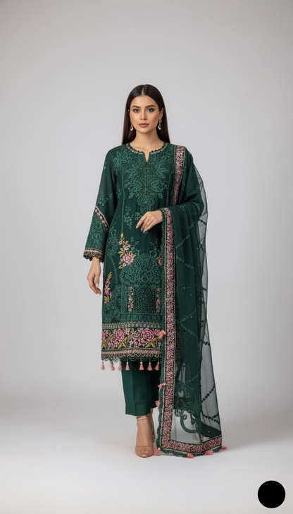 Organza A-Line shirt bottle green - Pakistani women's formal party wear with viscose trouser and organza dupatta front view