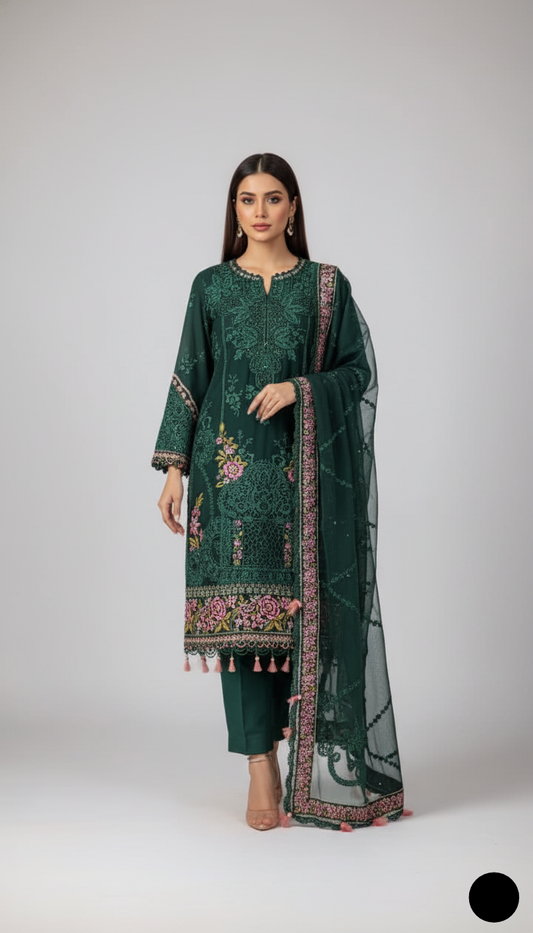 Organza A-Line shirt bottle green - Pakistani women's formal party wear with viscose trouser and organza dupatta front view
