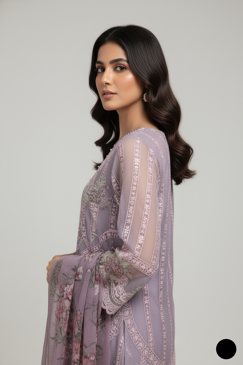 Pakistani women's lilac chiffon straight shirt plazo detail view