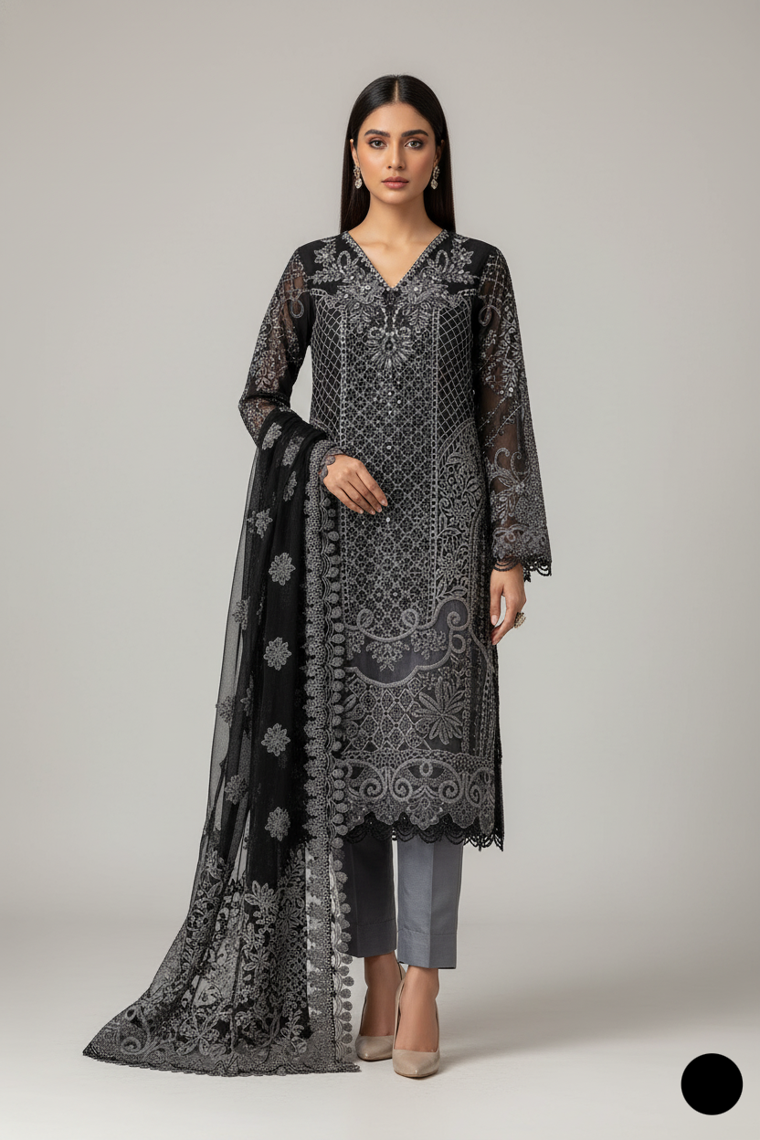 Chiffon A-Line shirt ABL 4074 - Pakistani women's elegant outfit with viscose trouser front view