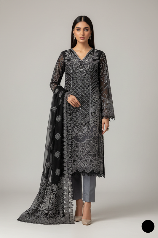 Chiffon A-Line shirt ABL 4074 - Pakistani women's elegant outfit with viscose trouser front view