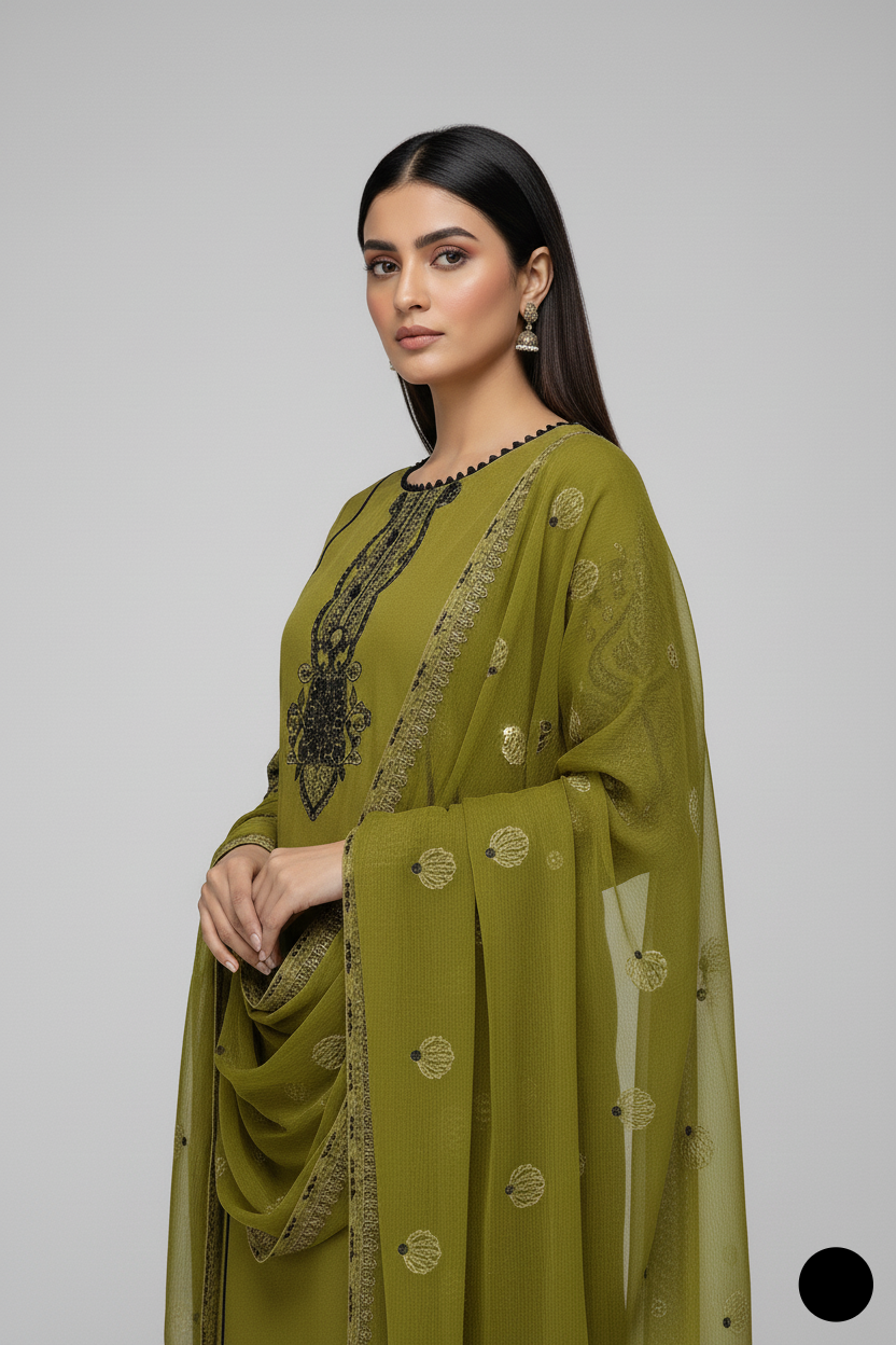 Pakistani women's mehndi green chiffon short shirt farshi shalwar detail view
