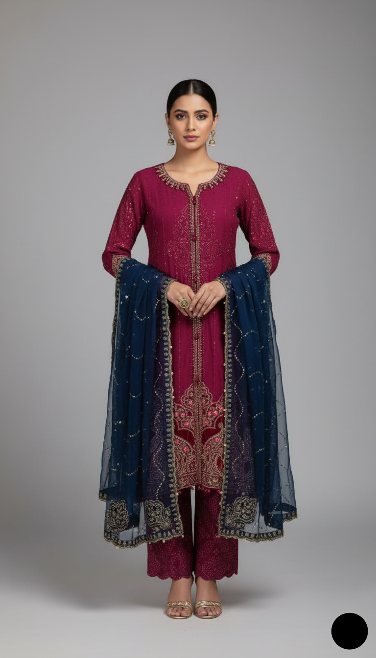 Pakistani women's magenta organza A-Line shirt detail view