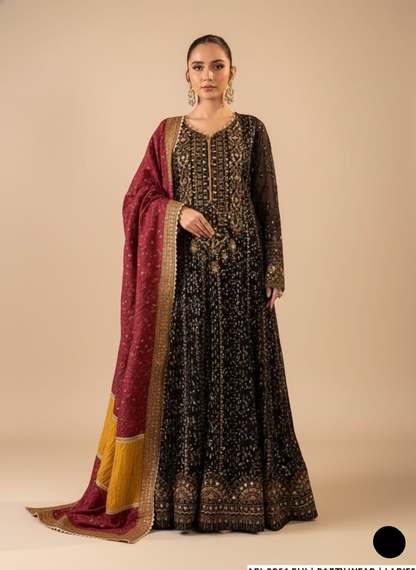 ABL 3864 Pakistani women's luxury chiffon maxi with embroidered dupatta detail view